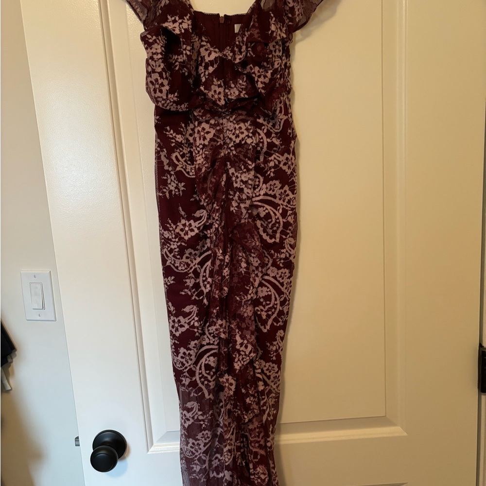 Wayf Burgundy and Pink High Low Printed Dress